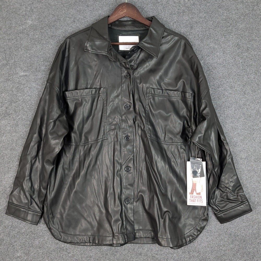 Celebrity Pink Black Faux Leather Shacket Button Front Shirt Jacket Large NWT